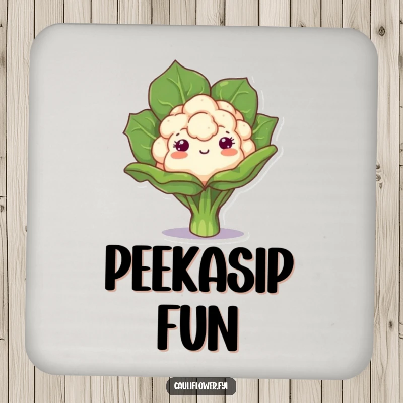 Funny drink coaster with a kawaii cauliflower playfully peeking, perfect for protecting surfaces with charming curiosity and playful humor.