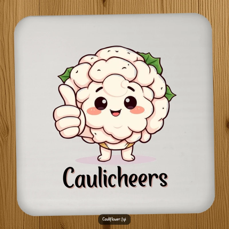 Funny Kawaii Cauliflower Coaster: A coaster featuring a cauliflower giving a thumbs up with comically large fingers, bringing a fun veggie vibe.