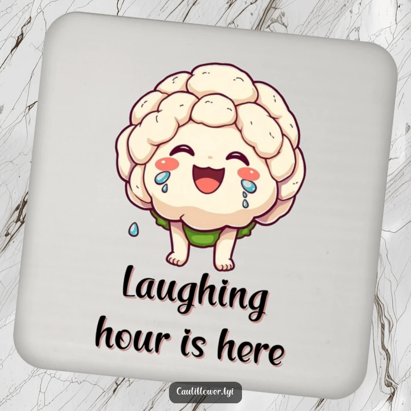 Funny drink coaster featuring a kawaii cauliflower character laughing heartily, tears of joy streaming down, adding humorous protection.