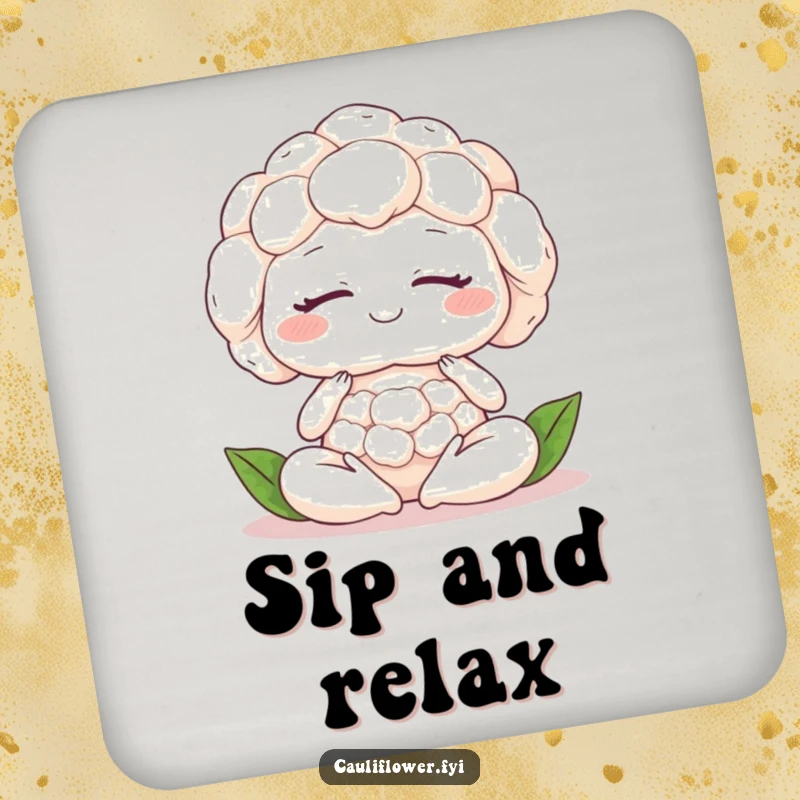 Funny cauliflower meditating peacefully, eyes closed with a smile, protecting surfaces with serene humor.