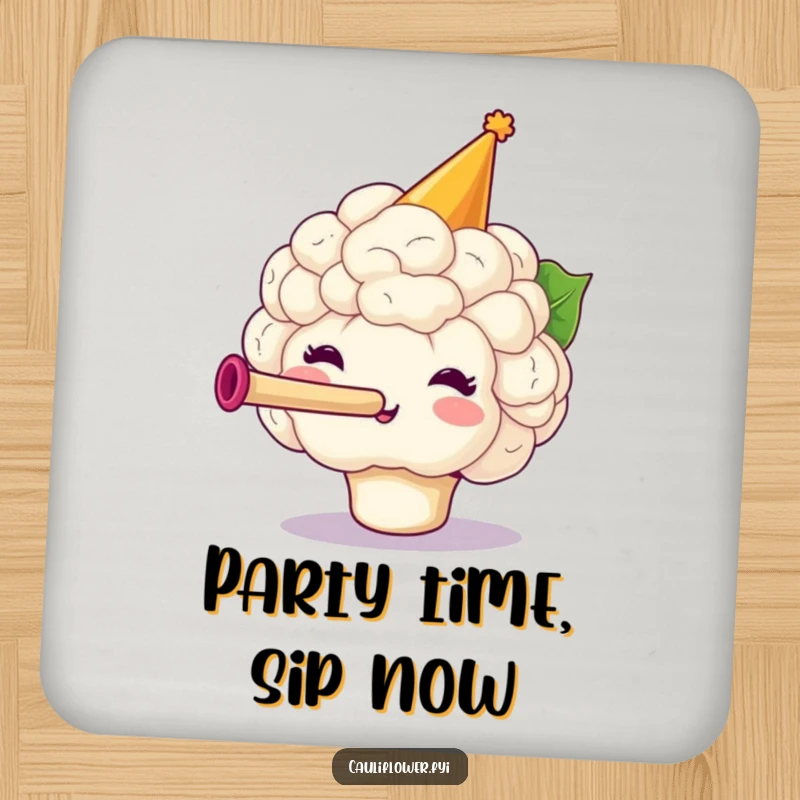 Funny Cauliflower Coaster featuring a festive veggie wearing a party hat and blowing a horn, offering humorous protection.