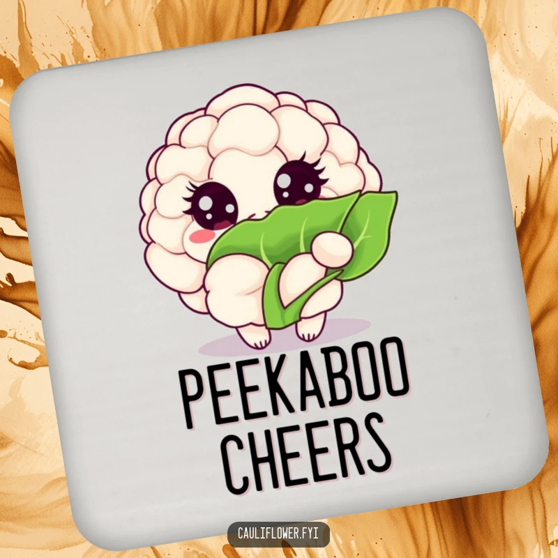 Funny Kawaii cauliflower coaster with a veggie with sparkling eyes peeking from behind a leaf, protecting surfaces.