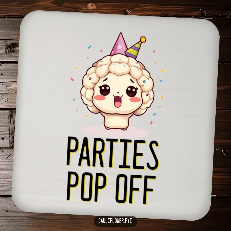 Funny Kawaii cauliflower wearing a party hat, surprised by confetti, a humorous and protective drink coaster.