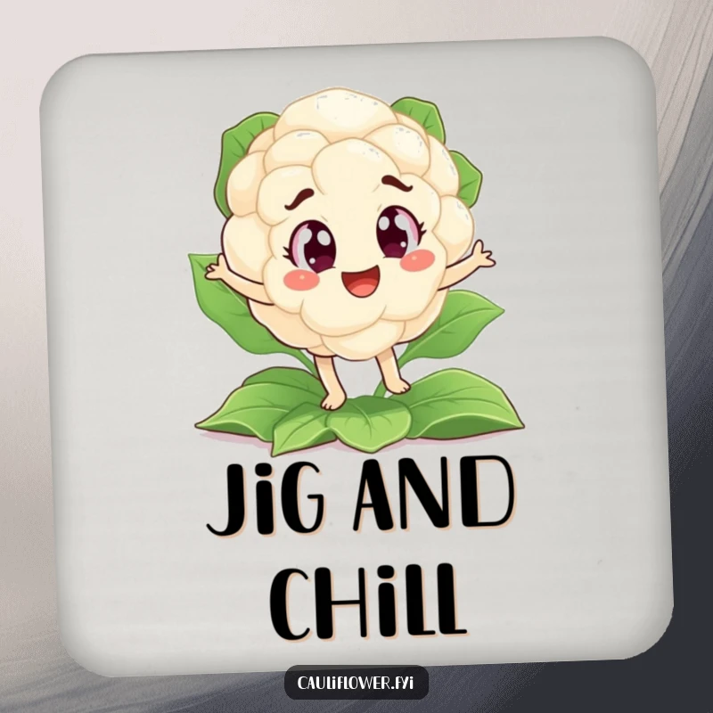 Funny coasters featuring a cauliflower character with big eyes doing a silly jig on a leafy background.