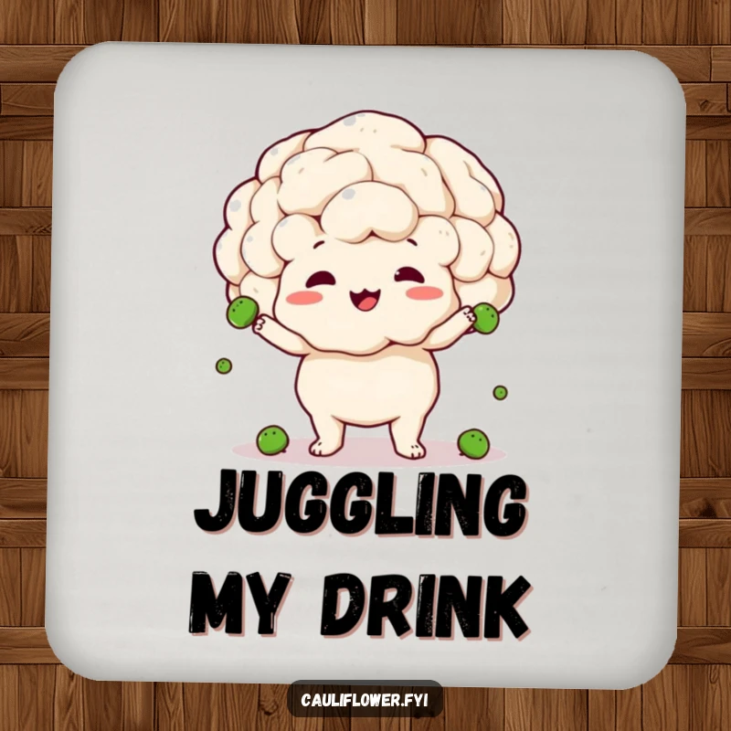 Funny drink coasters with a cauliflower hilariously juggling peas, showcasing clumsy delight and adding humor to drinks.