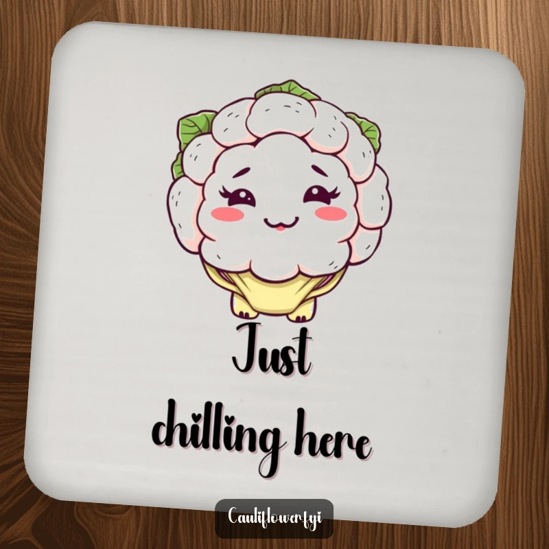 Funny kawaii cauliflower coaster featuring a silly, lopsided grin and floppy leaves, humorous table protection.