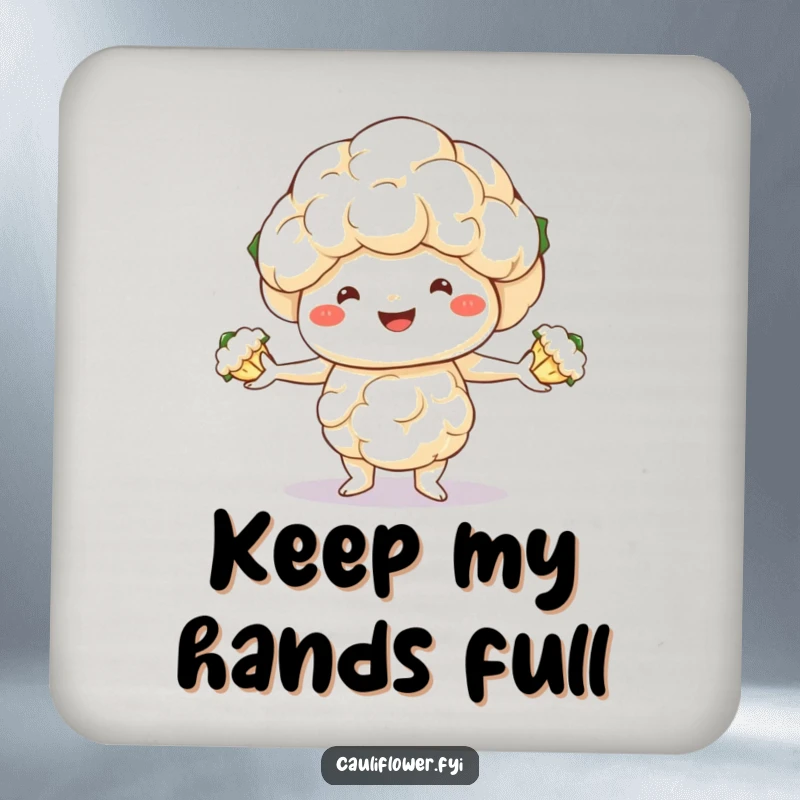 Funny drink coaster featuring a smiling cauliflower juggling three florets, protecting furniture with a comical design.