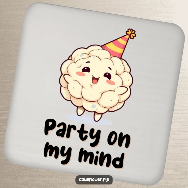 Funny cauliflower character wearing a party hat, spinning gleefully on a drink coaster, providing surface protection with a dose of comical celebration.