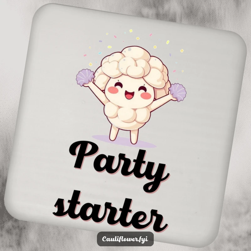 Funny Drink Coasters featuring a kawaii cauliflower character cheering with pom-poms and confetti, adding a touch of humor to drink service.