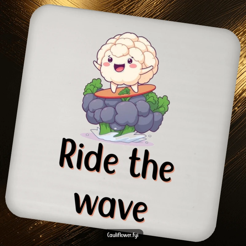 Funny cauliflower grinning while surfing a broccoli floret, protecting your surfaces with beachy humor.