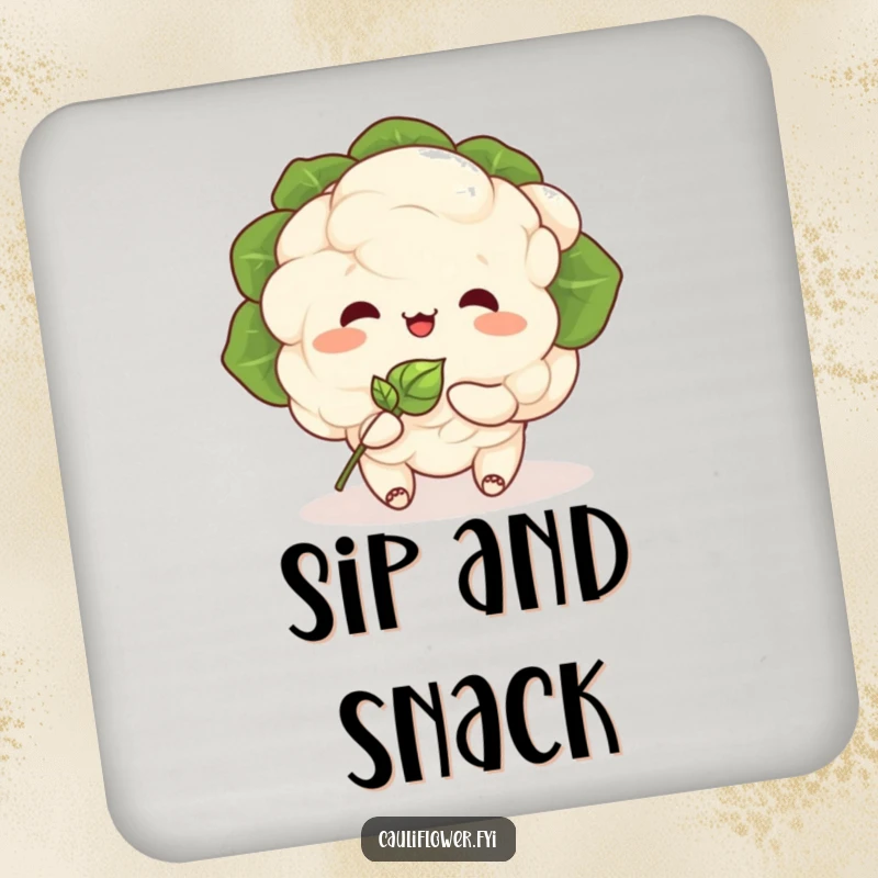 Funny Kawaii cauliflower character happily eating a smiling sprout on a drink coaster, a tiny piece of humorous art.