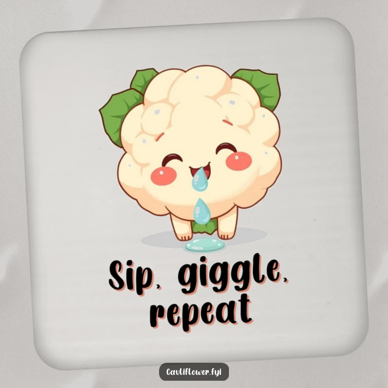 Funny drink coaster showcasing a cauliflower piece giggling while balancing a dewdrop, perfect for adding delicate and humorous protection.