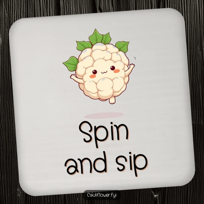 Funny coasters featuring a kawaii cauliflower character performing a comical pirouette with leaves swirling around.