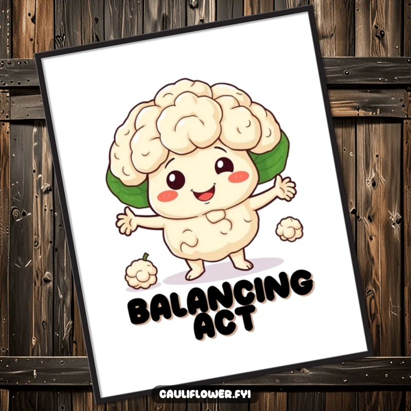 Smiling cauliflower character juggling three little florets on a poster, bringing circus magic, perfect funny gift.