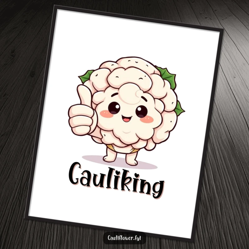 Funny Kawaii Cauliflower Poster: Art print of a cauliflower giving a big thumbs up with comically large fingers, symbolizing approval and healthy fun.