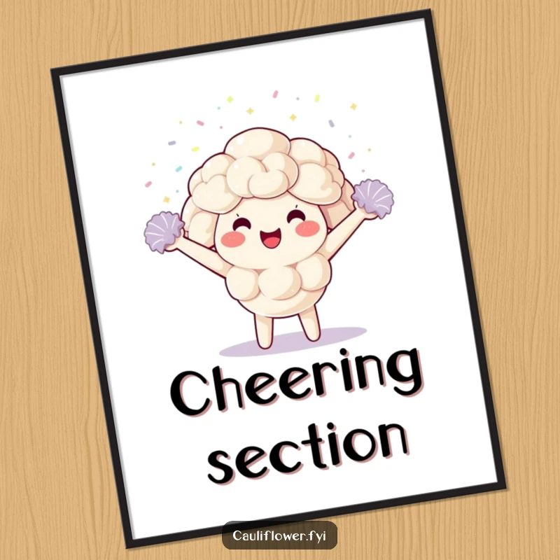 Funny Poster displaying a kawaii cauliflower character enthusiastically cheering with pom-poms and confetti, bringing a burst of joy.