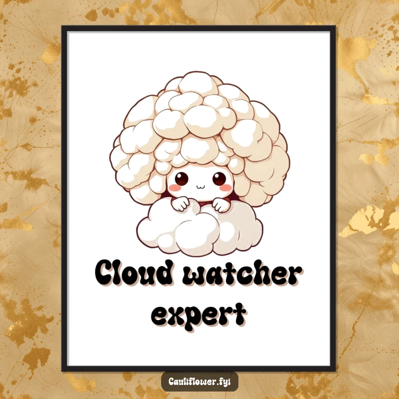 Funny poster of a cauliflower character peeking from behind a giant, fluffy cloud, adding a sense of wonder and humor.
