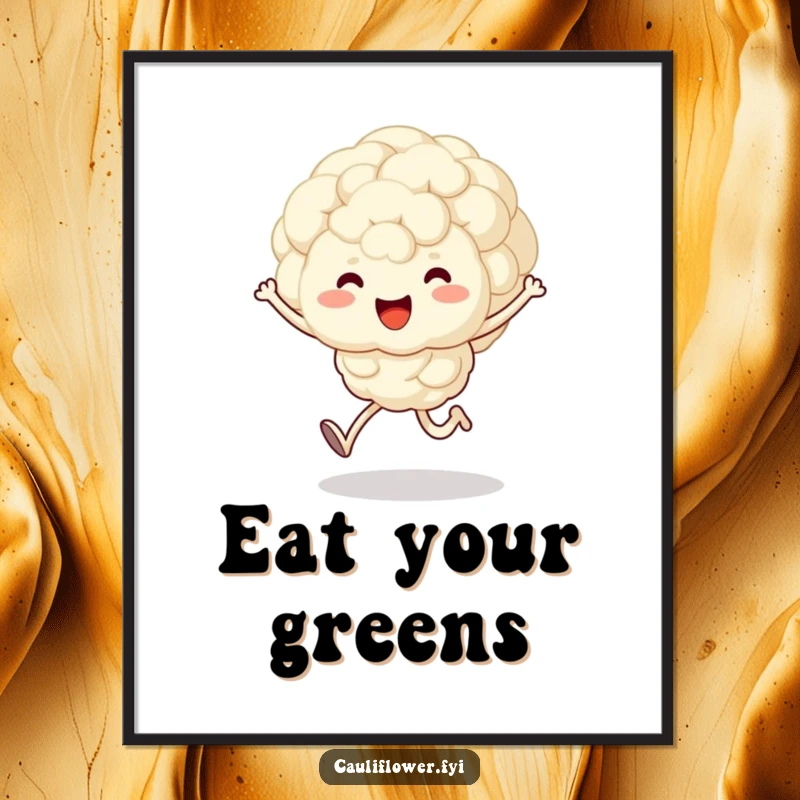 Funny poster art of a fluffy, kawaii cauliflower character joyfully skipping, bringing a dose of vegetable cheer and happiness.