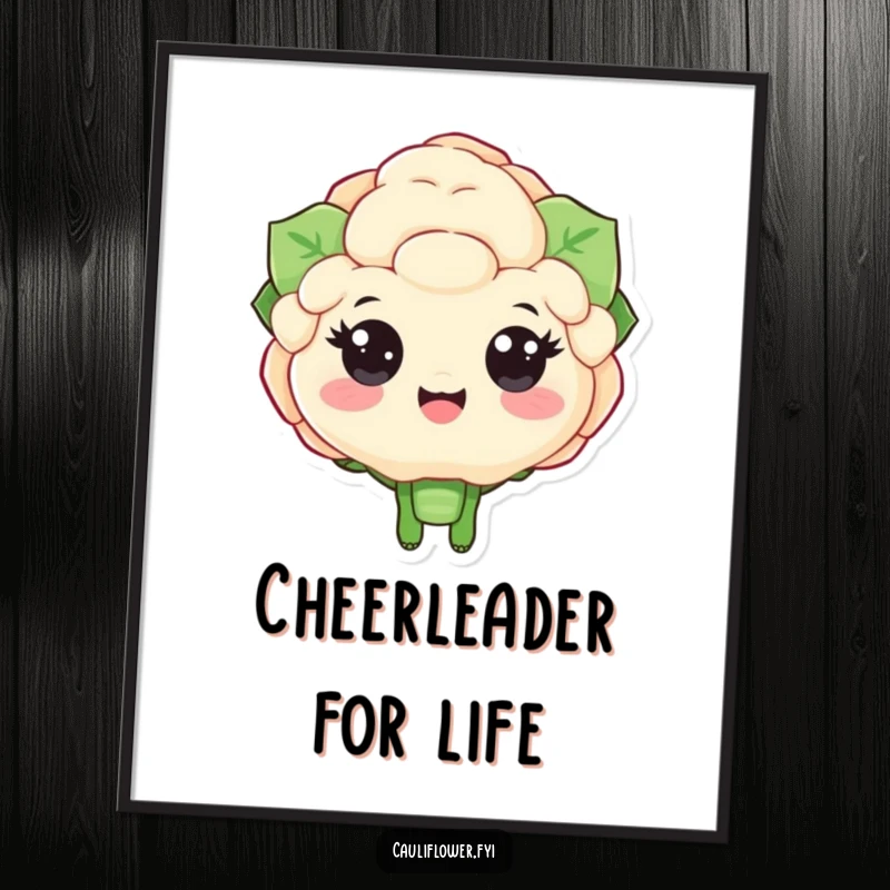 Funny poster of a cauliflower character beaming with large happy eyes while cheering, perfect for adding enthusiastic and humorous art.