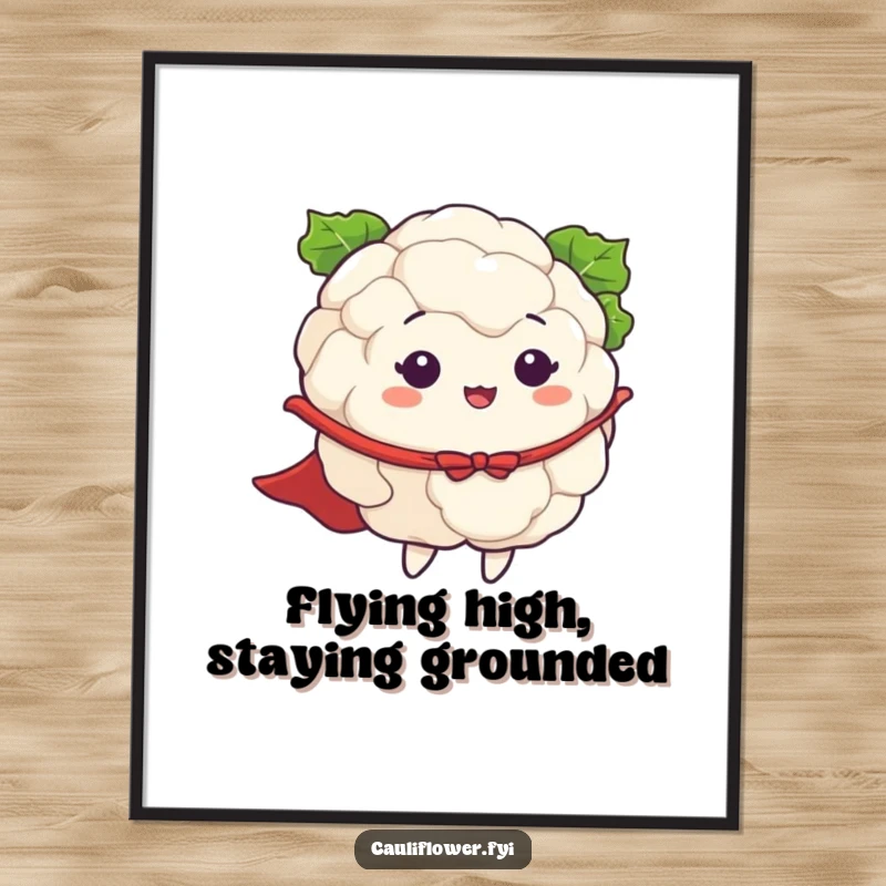 Funny poster depicting a cauliflower in a cape, striking a heroic flying pose, radiating optimistic belief in its own superpowers.
