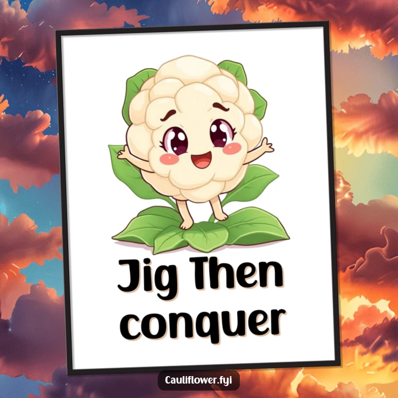Funny poster of a cauliflower with big, happy eyes doing a silly dance on a bed of leaves, ideal for smiles.