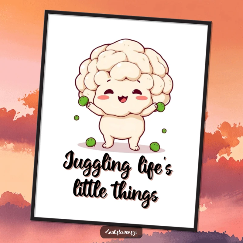 Funny poster depicting a cauliflower engaged in a comical juggling act with tiny peas, eyes wide with clumsy delight and concentration.