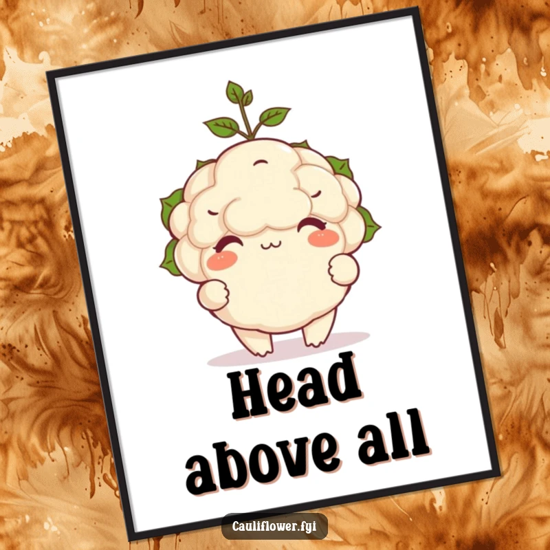 Funny poster of a plump, happy cauliflower character skillfully balancing a small sprout on its head, looking pleased.