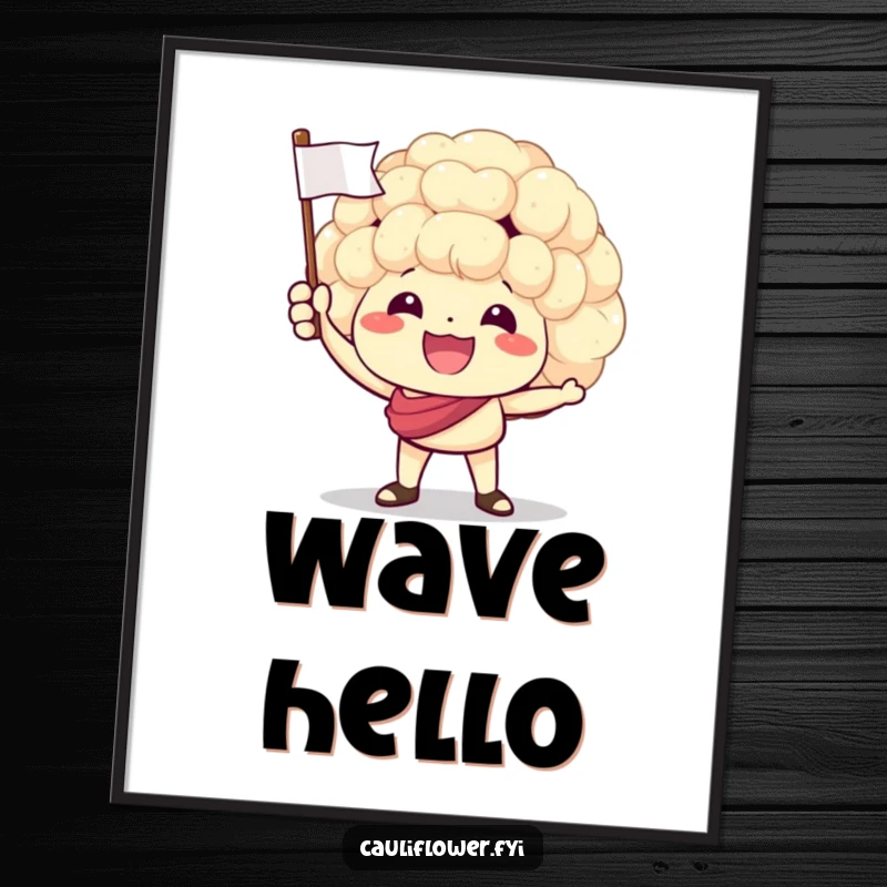 Funny poster of a cauliflower character enthusiastically waving a small flag, capturing the essence of pure, unbridled celebration.