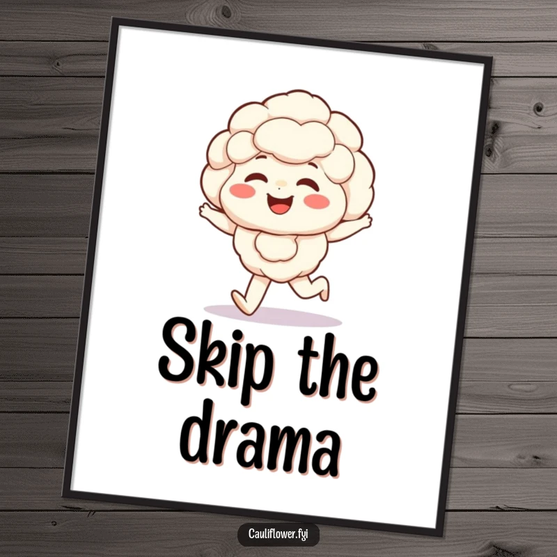 Funny Kawaii cauliflower poster art of a giggling veggie with rosy cheeks, happily skipping with infectious energy.