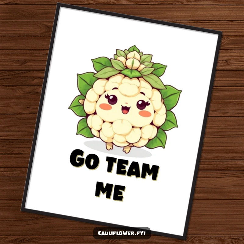Funny happy Kawaii cauliflower holding a leafy pom-pom, cheering, creating a humorous and spirited poster.