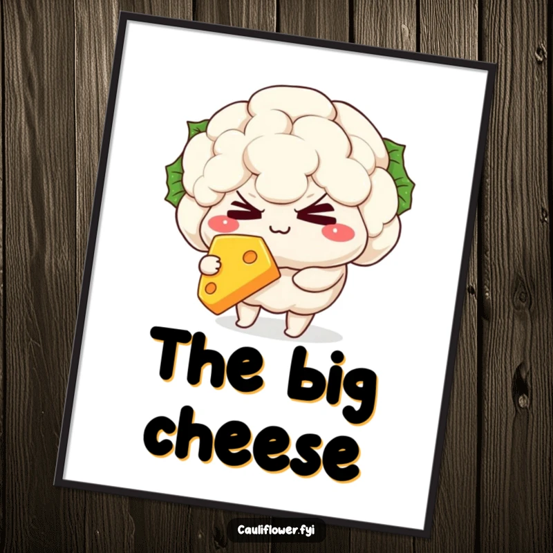 Funny Poster displaying a mischievous kawaii cauliflower character winking deviously while holding a delectable slice of cheese.