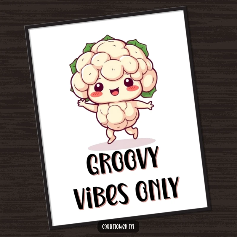 Funny Kawaii cauliflower performing a silly shuffle dance, creating a humorous and lively poster.