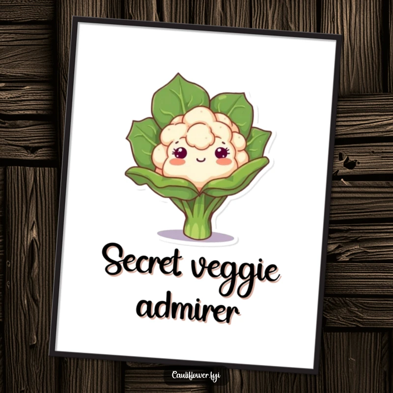 Funny poster of a kawaii cauliflower playfully peeking from behind a leaf, creating an atmosphere of cute curiosity and charming humor.