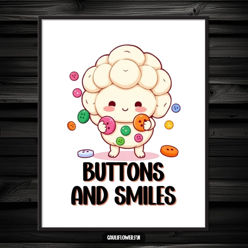 Funny Kawaii cauliflower character cheerfully juggling colorful buttons, illustrated as a humorous wall art print.