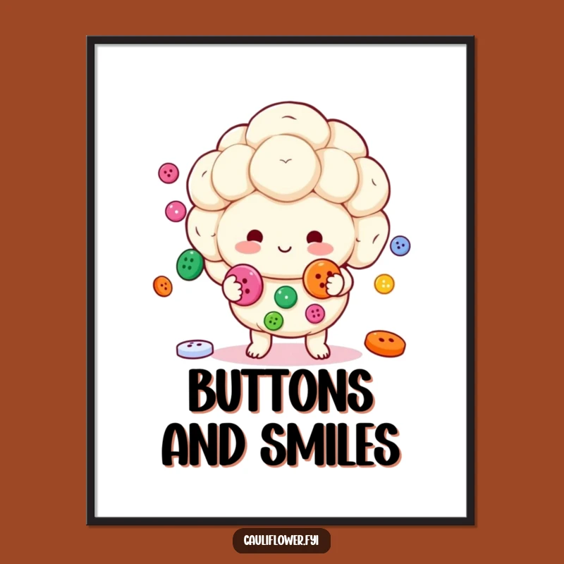 Funny Kawaii Cauliflower Poster: Juggling Buttons Art for Your Wall!
