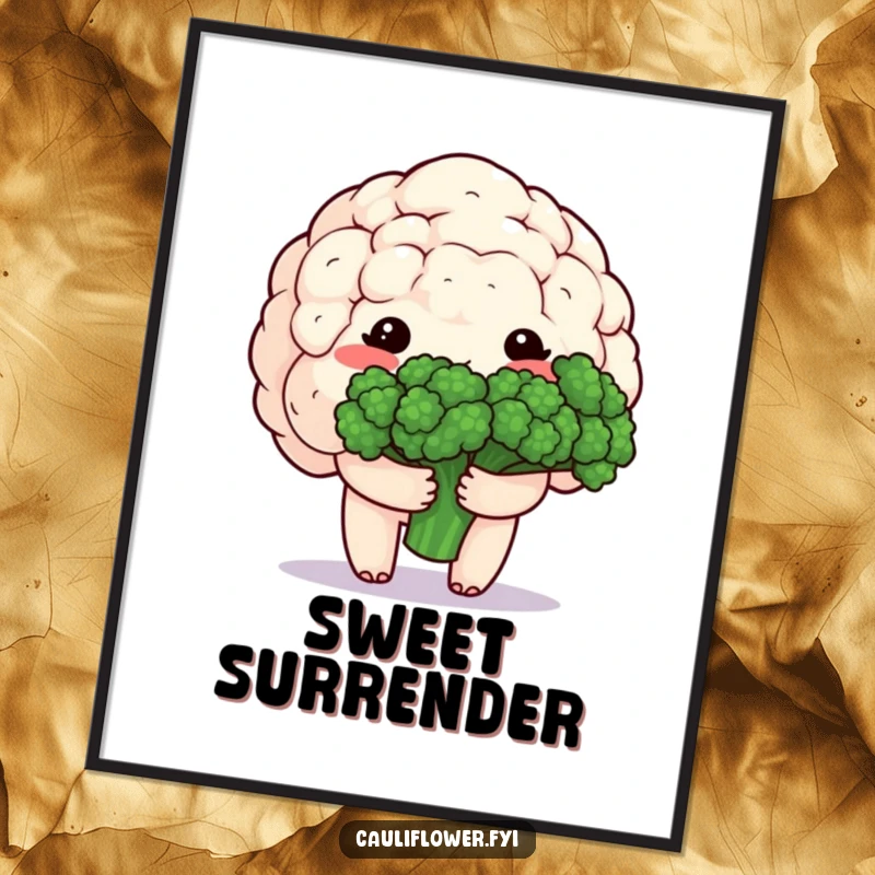 Funny poster art of a shy, blushing kawaii cauliflower holding a delicate broccoli bouquet, radiating gentle charm.