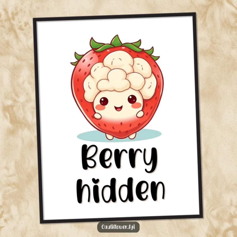 Funny Kawaii Cauliflower Poster: Art print of a cauliflower peeking from behind a large, smiling strawberry, creating a humorous and sweet visual.