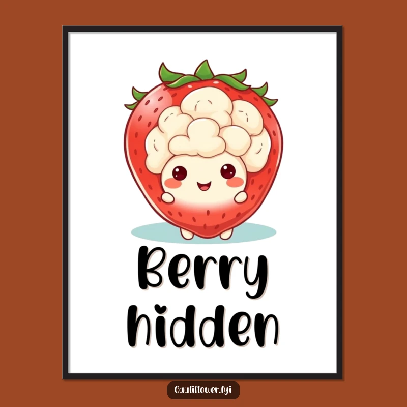 Funny Kawaii Cauliflower Strawberry Peek Poster: Fruity Veggie Art, Hilarious Funny Gift