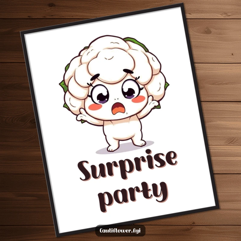 Funny Poster of a kawaii cauliflower character striking a dramatic, surprised pose with wide eyes, perfect for humorous wall decor.