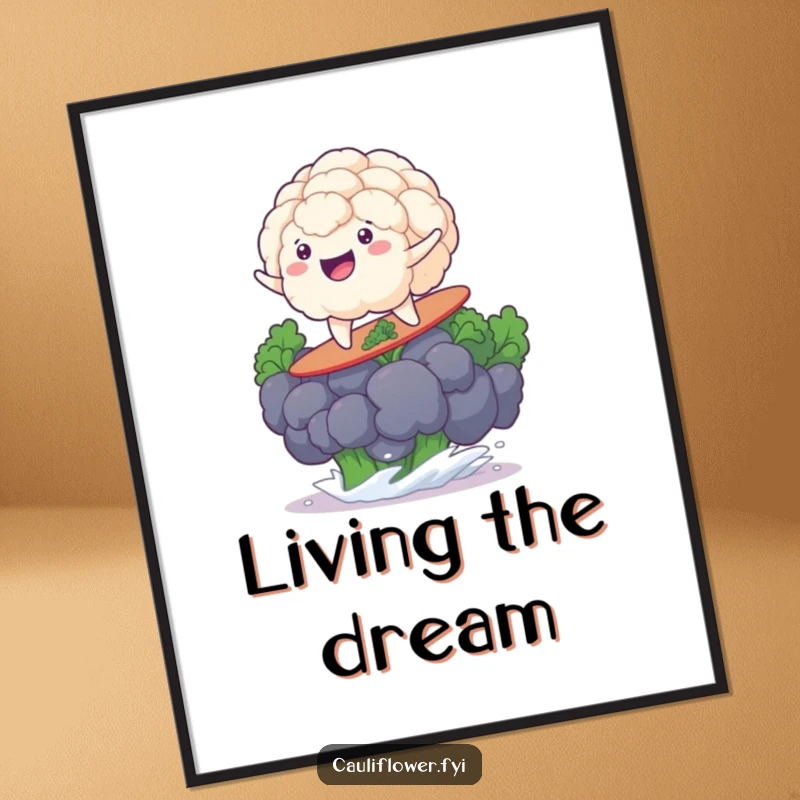 Funny cauliflower with a huge grin, surfing a giant broccoli floret, bringing sunny, adventurous vibes to your decor.