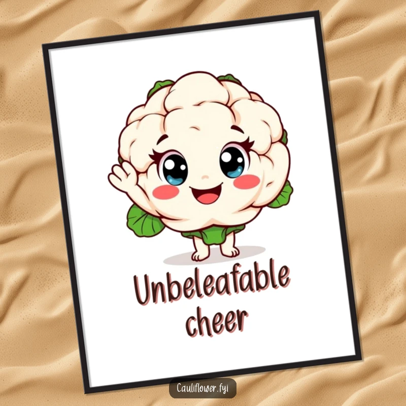 Funny cauliflower poster featuring a cheerful vegetable with exaggerated eyes waving a friendly hello, adding humor and personality to wall decor.