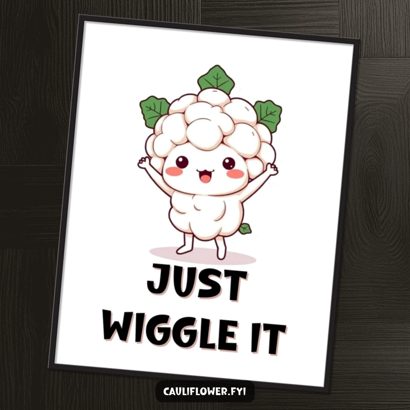 Funny Kawaii cauliflower character captured mid-silly dance, florets wiggling, creating a vibrant and humorous piece of wall art.