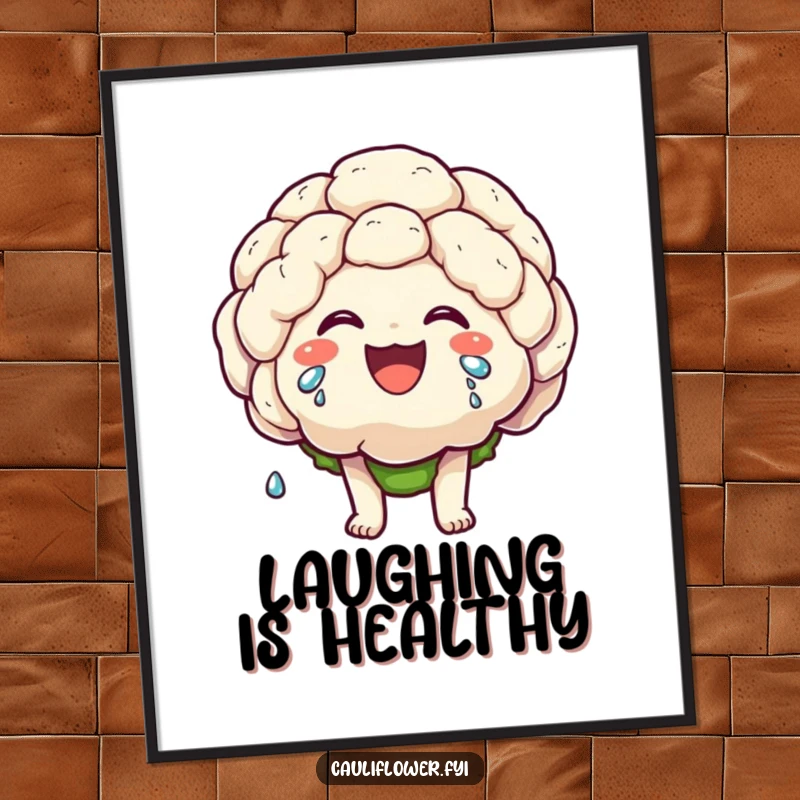 Funny wall poster of a kawaii cauliflower character laughing heartily, with happy tears streaming down its face, radiating joy.