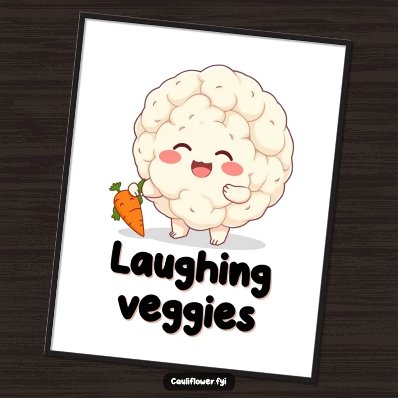 Funny poster art of a large, cheerful cauliflower giggling while tickling a small, happy carrot, radiating playful veggie energy.