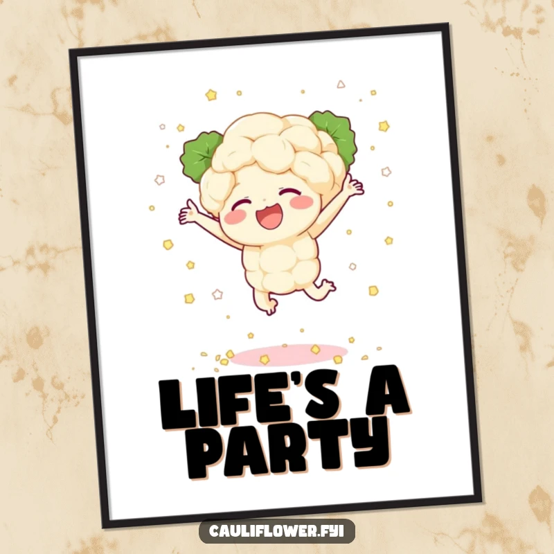 Funny poster art of a cauliflower character leaping joyfully, scattering tiny florets like confetti, bringing a vibrant, happy atmosphere.
