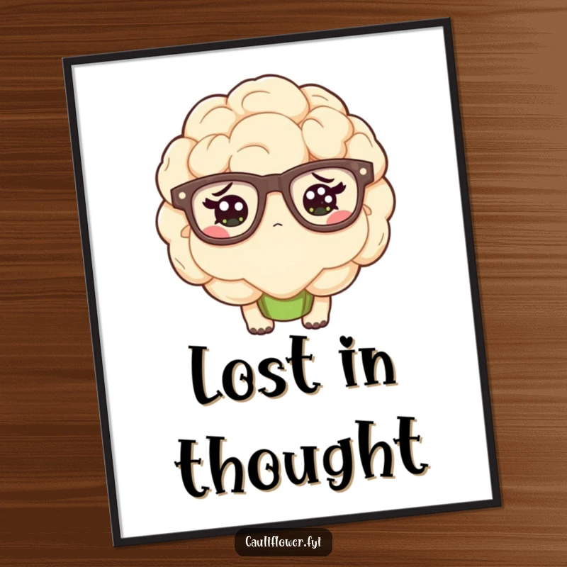 Funny kawaii cauliflower wearing oversized glasses and looking confused on a poster.