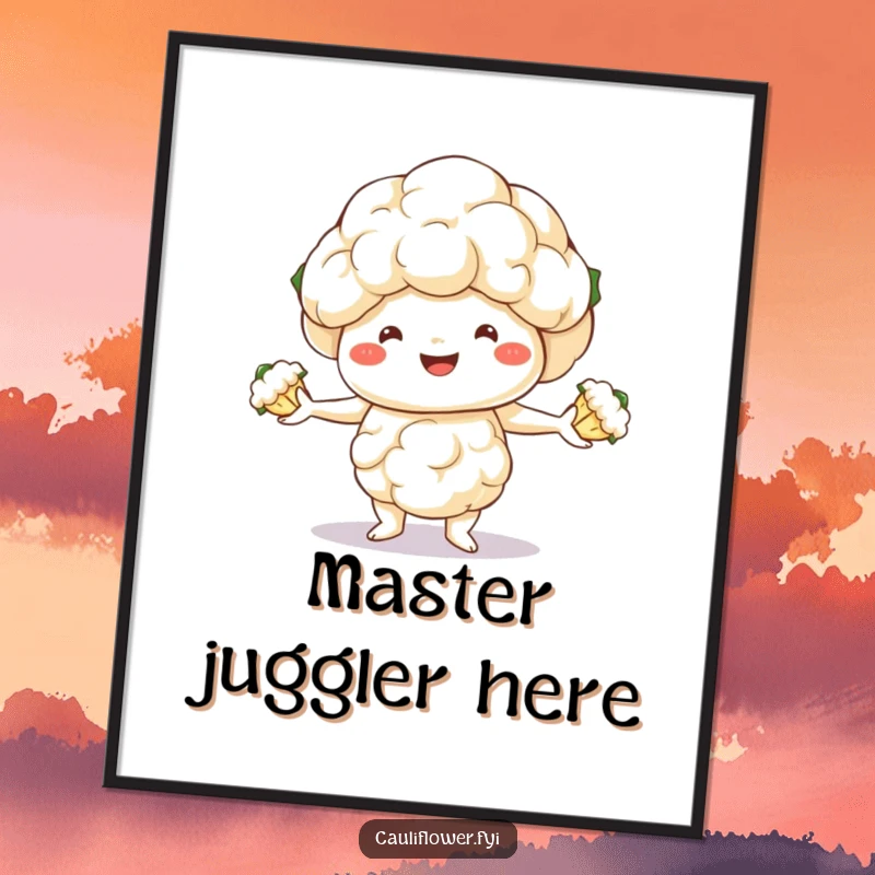 Funny poster displaying a smiling cauliflower character in the act of juggling three small florets, adding a humorous touch to decor.