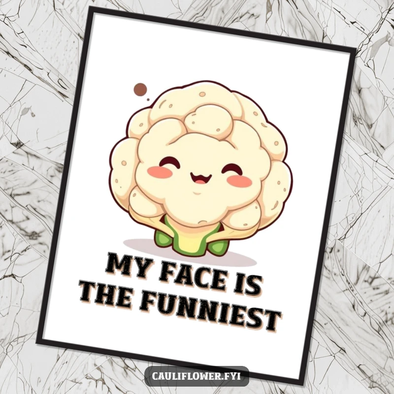 Funny poster of a cauliflower making a bizarre, memorable face within a speech bubble, designed to evoke amusement and conversation.