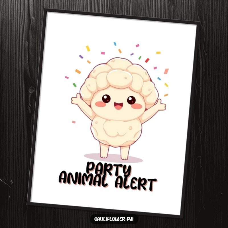 Funny Kawaii cauliflower poster art of a happy veggie with arms outstretched, joyfully spinning a shower of colorful confetti.