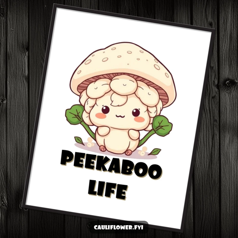 Funny Kawaii cauliflower hiding behind a large mushroom cap, creating a humorous and whimsical poster.